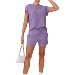 Women's 2 Piece Solid Purple Shorts <b>Set</b> Casual O-Neck Short Sleeve Knitted Cotton Loose Fit Daily Wear Summer Outfit <b>Sets</b> Women - Product Image 3