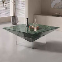 Table basse de luxe en marbre naturel avec base en acrylique transparente, table centrale moderne et minimaliste pour salon