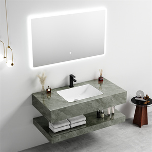Lavabo de Baño Moderno para Hotel, Montado en la Pared, de Piedra Sinterizada, con Espejo LED y Gabinete de Cerámica - Product Image 2