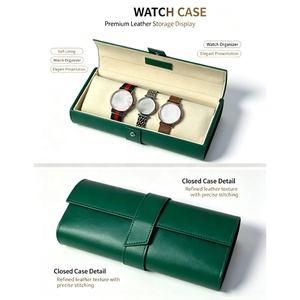 Étui à montres en cuir de qualité supérieure avec doublure douce, organisateur à 3 compartiments, boîte de rangement élégante, forme rectangulaire, fermeture à bouton - Product Image 1