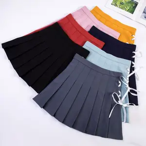 Candy Color Cute Pleated Skirt With Pants Japanese School Girl Mini Skirts with lace up string for women