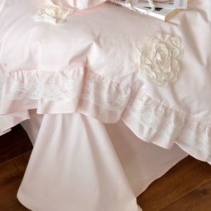 Bộ ga trải giường <span class=keywords><strong>cotton</strong></span> chải màu hồng nhạt phong cách công chúa Pháp 4 món 40 200TC họa tiết satin hoa văn ren, dùng được quanh năm - Product Image 4