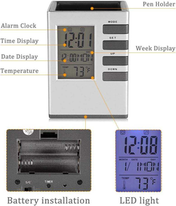 Tempat Pena Digital Senyap Promosi, Organizer Meja, Jam Alarm LCD dengan Lampu Latar, Kalender, Suhu Ruangan, Dioperasikan dengan Baterai - Product Image 6