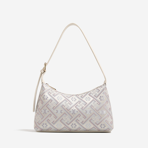 Sac à main élégant en jacquard artisanal, tons pastel doux, motif floral géométrique délicat, sangle réglable en cuir PU - Product Image 1