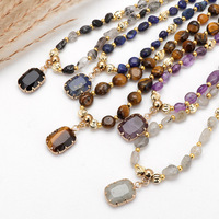 Collier de perles en pierres précieuses naturelles, pendentif carré facetté, œil de tigre, lapis-lazuli, améthyste, labradorite, plaqué or, style bohème, vente en gros OEM