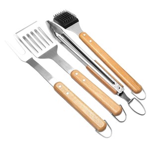 Juego de 4 utensilios para barbacoa de acero inoxidable con mango de madera, accesorios para parrilla, accesorios para exteriores, juego de herramientas para barbacoa - Product Image 1