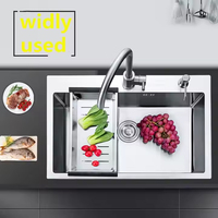 SANIPRO Wastafel Dapur Persegi Tunggal Berwarna Perak Kontemporer, Tahan Lama, Buatan Tangan, Bahan Stainless Steel 304, Tebal