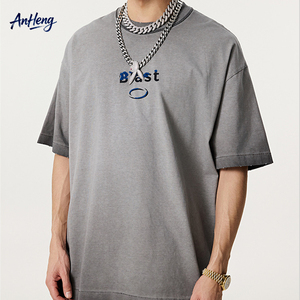 275G Heavyweight Cotton T-Shirt Men 3D Towel Embroidery Vintage Acid Wash Oversized Streetwear Short Sleeve Tee Custom OEM - Product Image 1