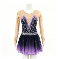 Robe de patinage artistique à manches longues, dégradé noir et violet, dos en V profond, jupe ornée de strass, pour filles adultes, compétition et performance