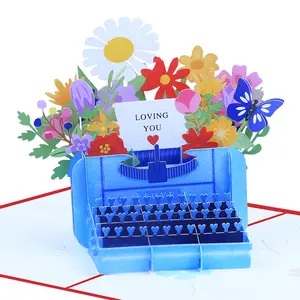 新多彩色印花花朵复古打字机立体声贺卡类3D弹出