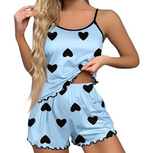 Pyjama transfrontalier européen et américain pour femme, ensemble débardeur et short imprimé cœurs, dos nu, mignon et décontracté - Product Image 2