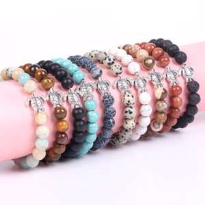 Braccialetti Elastici con Perline in Pietra Naturale e Ciondolo Tartaruga Marina Argentata, Braccialetti in Pietra Lavica, Occhio di Tigre e Turchese, OEM - Product Image 1