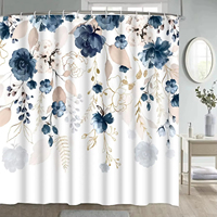 Rideau de douche moderne bleu floral aquarelle avec anneaux, en tissu polyester, imperméable et résistant à la moisissure