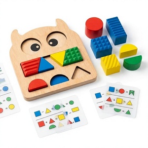 Jeu éducatif Montessori en bois personnalisé : Tableau de correspondance des formes géométriques monstres, jouet de logique <span class=keywords><strong>math</strong></span>ématique STEM avec cartes flash de tâches - Product Image 1