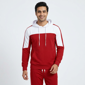 Sweat-shirt à capuche pour homme, rouge et blanc, à blocs de couleur, manches longues, décontracté, avec cordon de serrage et poches latérales - Product Image 1