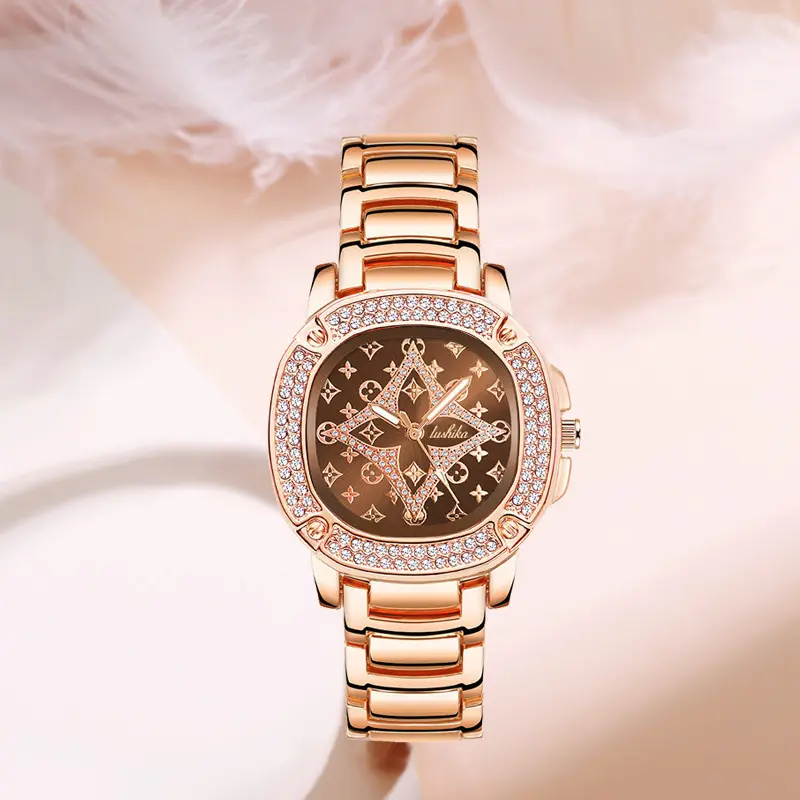 2023 New Luxury Stainless Steel Diamond Strap Butterfly Double Snap Buckle Watch Fashion Sports Ladies Rose Gold Quartz Watch