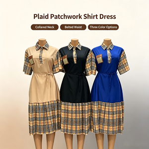 <span class=keywords><strong>Abito</strong></span> <span class=keywords><strong>Midi</strong></span> a Quadri con Patchwork alla Moda, Maniche Corte, Vita Annodata, Pieghe e Bordi Arricciati, per Ufficio e Uso Quotidiano - Product Image 6