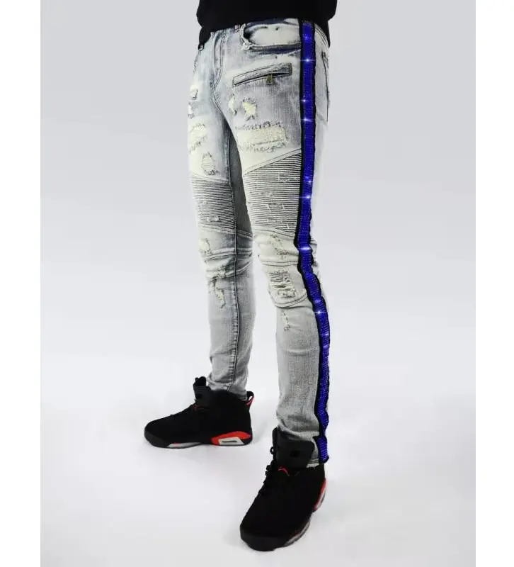 Benutzerdefinierte seite blau gestreiften strass indigo distressed biker jeans ripped shiny denim jeans für männer