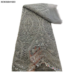Tessuto di pizzo di Tulle con strass di cristallo con ricamo di paillettes con perline di lusso in oro - Product Image 6