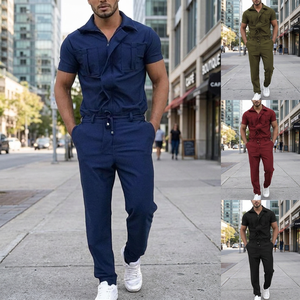 Hot Sale Plaid Short-sleeved <b>Knitted</b> Zip up One Piece Work Jumpsuit Hip Hop Summer Track Jogger Suit <b>Sets</b> for Men - Product Image 3