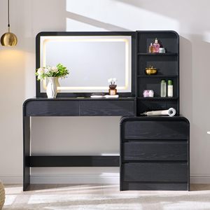 Elegante Set Toeletta in Legno Massello con Design Moderno <span class=keywords><strong>a</strong></span> Bordi Curvi, Specchio LED, Ripiani Aperti e Layout Personalizzabile per Camera da Letto - Product Image 6