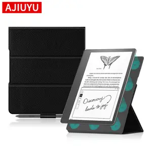 AJIUYU表壳牛皮Kindle Scribe 10.2英寸真皮表壳，带笔槽超薄磁性折叠支架外壳