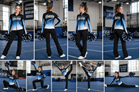 Setelan Pemanasan Cheerleader Logo Dua Sisi Custom Biru Ombre Cetak Anti Luntur Jaket Full Zip Celana Lurus Seragam Tim
