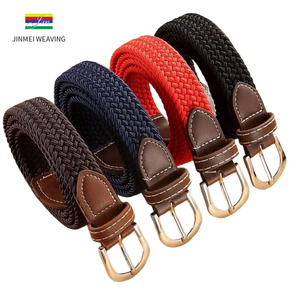 Cinturón elástico tejido con punta de cuero elástico trenzado ajustable negro para hombre con logotipo personalizado - Product Image 5