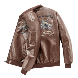 Blouson bomber brodé <span class=keywords><strong>à</strong></span> col montant pour <span class=keywords><strong>homme</strong></span> grande taille, idéal pour <span class=keywords><strong>la</strong></span> <span class=keywords><strong>moto</strong></span> |   Blouson aviateur en cuir doublé polaire ample - Product Image 2