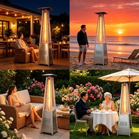 Chauffe-terrasse moderne au propane de 48 000 BTU, en forme de pyramide, avec tube en verre de quartz en acier inoxydable et roues