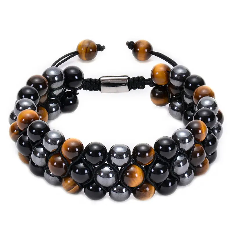 Pulseira de ágata olho de tigre natural tecido ajustável preto magnético corda de ioga para homens e mulheres joias da moda