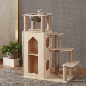 Tour en bois massif pour adultes, arbre d'intérieur multi-niveaux, mobilier de centre d'activités, maison de jeu pour animaux de compagnie, griffoir et condo - Product Image 4