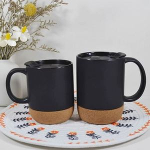 Tazas de Café de Cerámica con Base de Corcho, 15 oz, Taza Estética Neutral, Tapa Antiderrames y Asa, Color Morandi Mate, para Empleados - Product Image 3