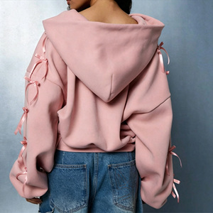 Custom High Quality Cotton Spring Autumn Winter Embroidered Oversized Bow Zip up Casual Loungewear Fashion Hoodie - Product Image 3