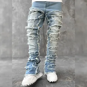 DiZNEW neue Lieferung Vintage Slim Fit stilvolle Baumwolle blaue Farbe skinny aufge weitet angepasstes Logo Herren beschädigte Denim Jeans
