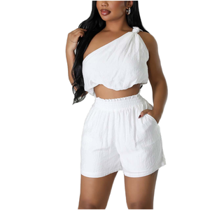 Women's White <b>One</b> Shoulder Crop <b>Top</b> With Shorts Set Casual Summer Two Piece Outfit Loose Fit Solid Color Cotton Short Sleeveless - Product Image 1
