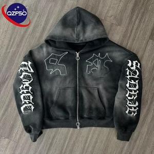 QZFSO Fabricante French Terry Zip up 460 Gsm Heavy Acid Washed Distressed Custom Logo Sun Faded Sudadera con capucha bordada - Product Image 1