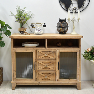 <b>Rustic</b> Vintage Farmhouse Style Solid Wood Durable High Quality Glass Door Carved Storage Drawers for Home Bar Living Room - Product Image 2