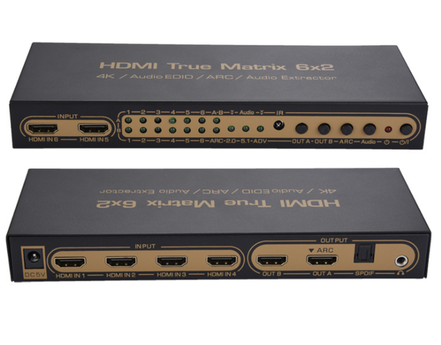 4K 6x2 HDMI Matrix 6 in 2 Out HDMI Switch Switcher Splitter Video Converter True Matrix 3D ARC Coaxial Toslink Audio Extractor