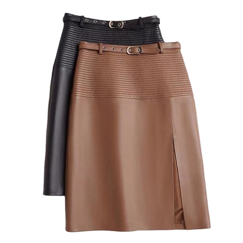 2350 Wholesale Fashion New Design Medium Length Stylish Genuine Leather Skirt for Women Sexy