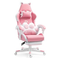 Chaise de gaming rose et blanche avec oreilles de chat mignonnes, style course, ergonomique, inclinable, avec repose-pieds et coussin en forme de patte en peluche, siège de bureau pivotant
