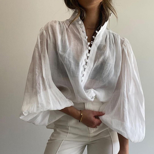 Camicetta da <span class=keywords><strong>donna</strong></span> casual in <span class=keywords><strong>cotone</strong></span> bianco trasparente con colletto alla coreana e bottoni, a maniche lunghe, collezione Estate 2026 - Product Image 2
