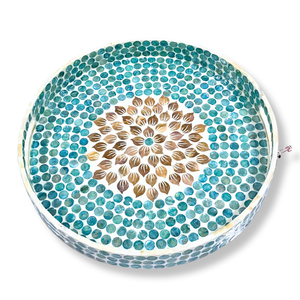 Ensemble de plateau rond en MDF fait à la main avec motif de points sarcelle et incrustation centrale florale dorée Décoration de la maison écologique Super vente - Product Image 2