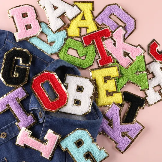 3D Embroidery A-Z Towel English Alphabet Custom Embroidered Varsity Gold Glitter Border Iron On Chenille Letters Patches