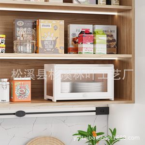 Boîte à pain en bambou blanche 35x20x25 cm avec porte en verre, armoire de rangement de cuisine pour gâteaux, desserts et collations - Product Image 3