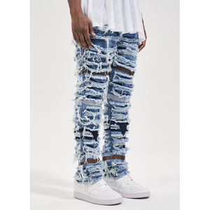 Jeans droits pour hommes de marque OEM Fog Private Blue à la mode grande taille en stock vieilli avec lavage clair et foncé livraison directe - Product Image 1