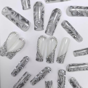 24 faux ongles longs carrés à presser, brillants, avec strass, style French, couvrance totale, pour femmes - Product Image 4