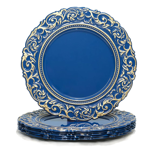Antique HongShengYuan Plastic Charger Plates Gold Rim Royal Blue Dinnerware Set Blue White Decor Party Use
