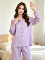 Ensemble de pyjama ample en fibre de bambou pour femme, col rond, style fin, longueur intégrale, pour chambres climatisées, cardigan à manches longues, collection automne
