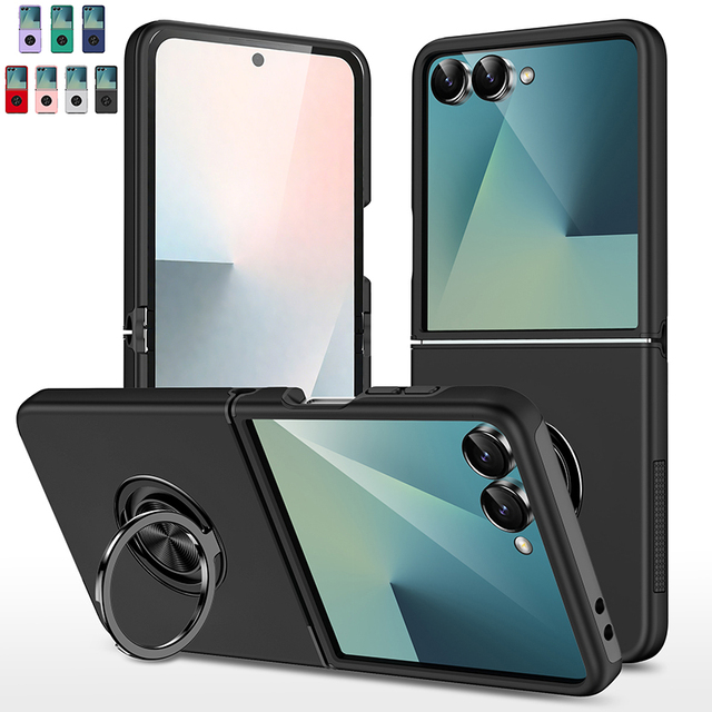 Phone Case for Samsung Galaxy Z Flip 8 7 with Metal Ring Stand Slim Magnetic Car Mount Heavy Duty Shockproof Rugged Mobile Cover